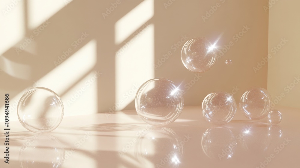 Poster a cluster of soap bubbles of varying sizes on a light beige background, detailed reflections