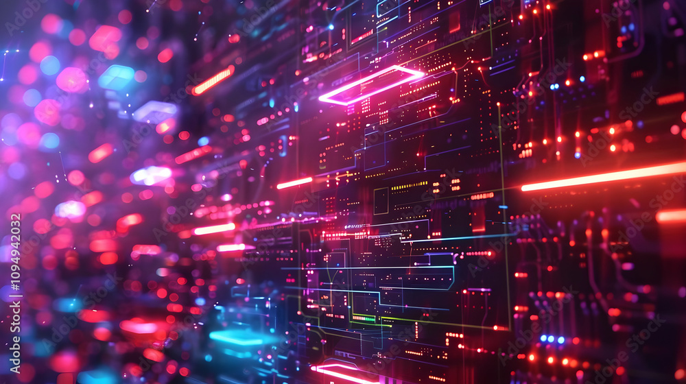 Poster abstract 3d digital circuit background with glowing neon lines and particles