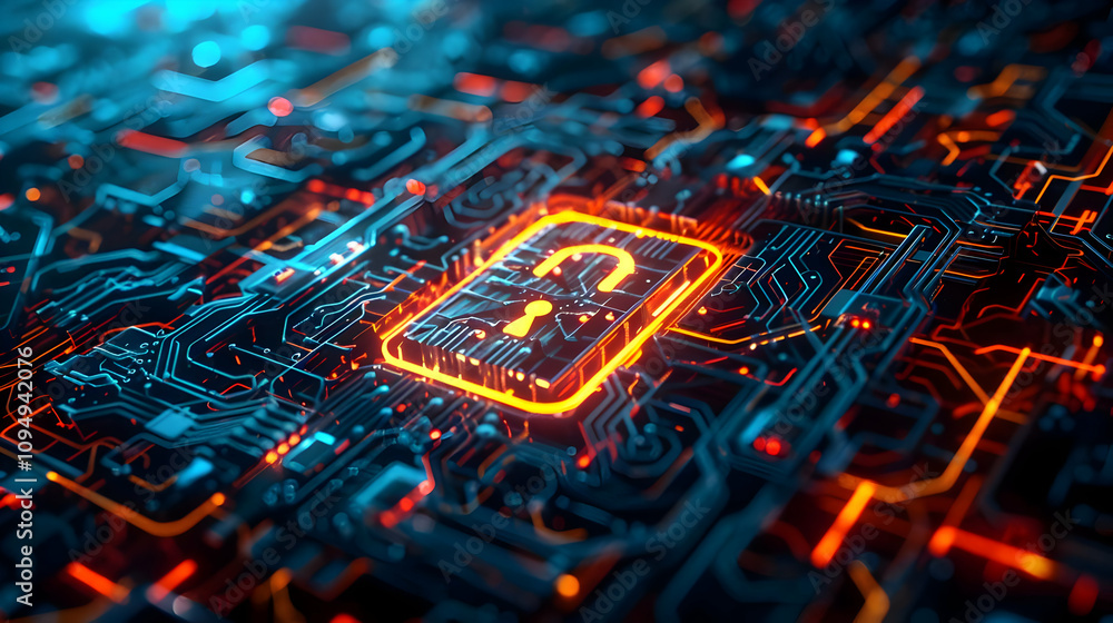 Poster cybersecurity: abstract 3d illustration of unlocked padlock on glowing circuit board, representing d