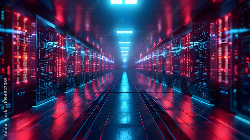 Poster neon-lit server room: a 3d rendering of a futuristic data center corridor with glowing servers and r