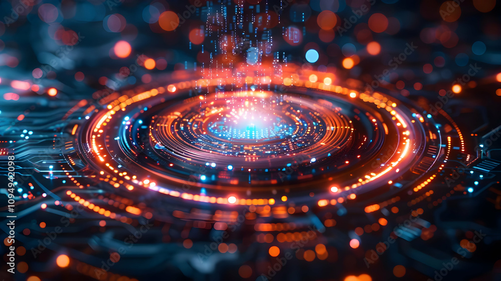 Poster abstract 3d digital data streams converge on a futuristic circuit board, illuminated with vibrant or