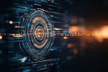 Fototapeta premium A high-tech circular digital interface glows with intricate electrical patterns, symbolizing advanced technology and futuristic design, amidst a dark backdrop.