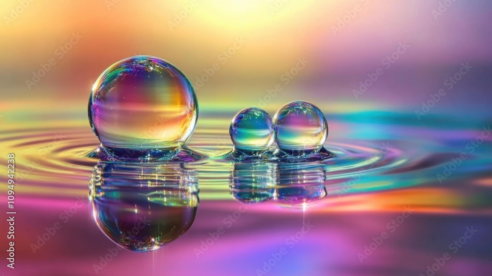 Poster soap bubbles floating above a reflective surface, rainbow reflections and subtle light