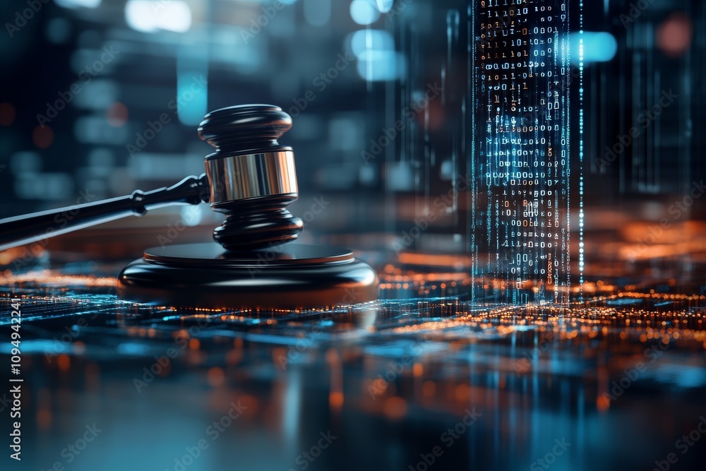 Poster A gavel placed on a digital background with flowing data, symbolizing the intersection of law and technology in the realm of cyber jurisprudence.