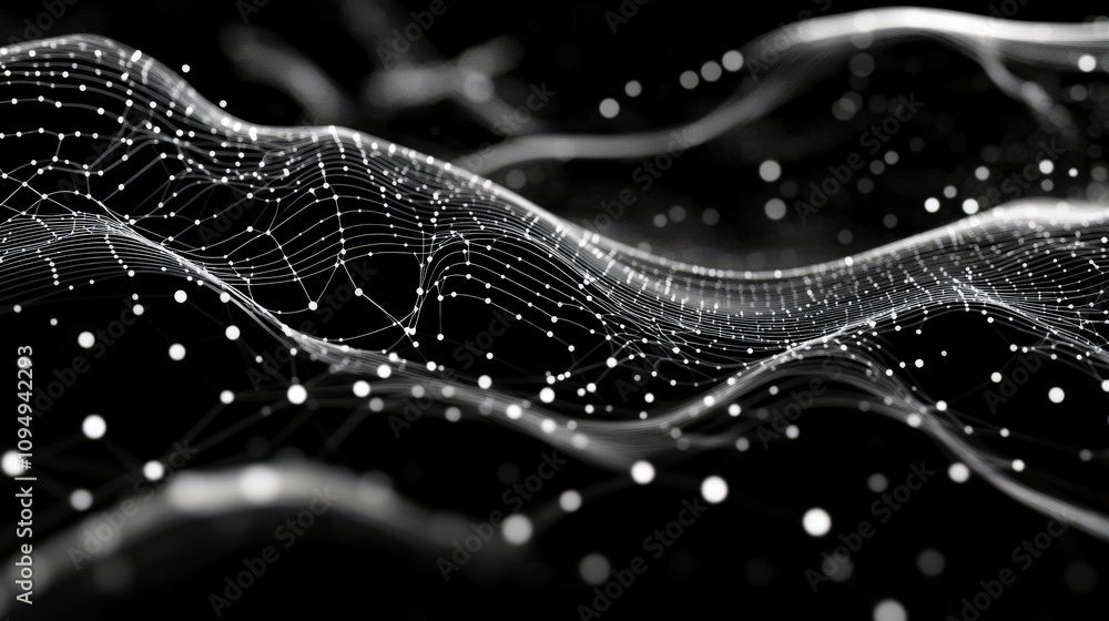 Poster a captivating abstract representation of interconnected lines and dots, creating a wave-like pattern