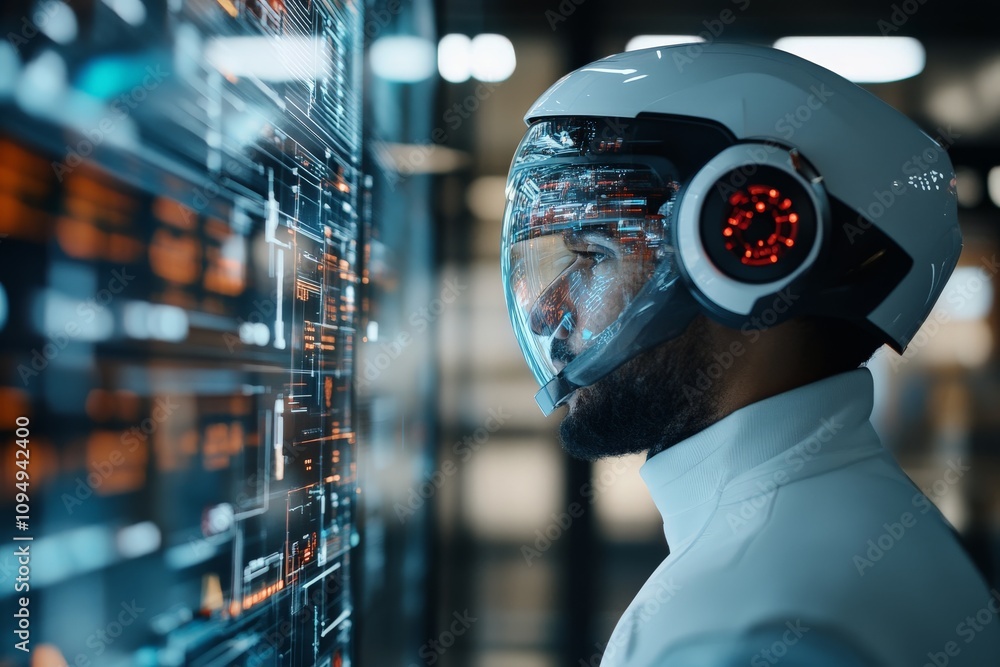 Poster a close-up side view of a futuristic helmet with a transparent digital holographic interface, symbol