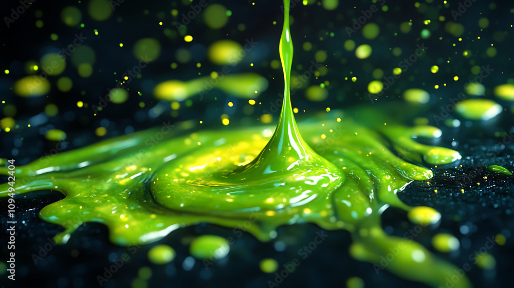 Poster vivid green liquid splashing and pooling on a dark surface, creating an artistic effect.