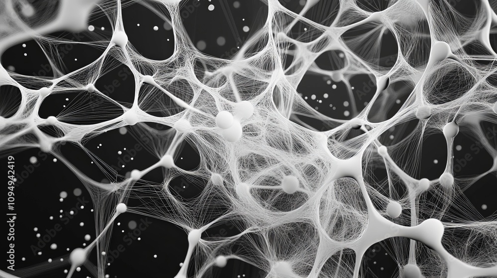 Poster a close-up view of a complex, white network of fibers against a dark background, resembling intricat