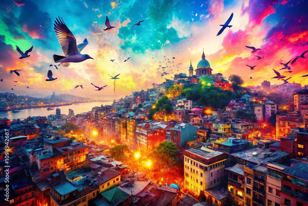 Poster cool abstract ditsy background with double exposure photography blending colors and shapes for a uni