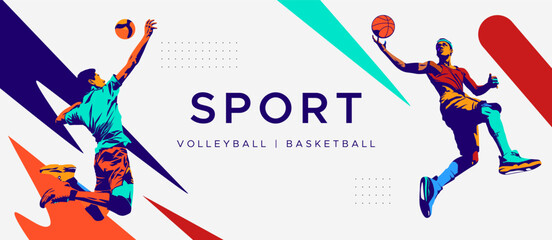 colored silhouettes of basketball and volleyball athletes, a design with a national sports celebration concept. celebration background is white. volleyball and basketball sports tournaments.