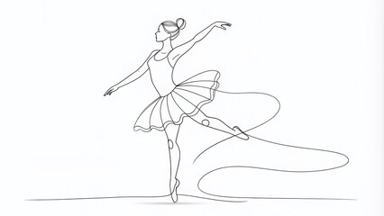 Continuous One-Line Drawing of a Young Female Ballerina in Tutu, Editable Stroke Illustration for Ballet Design, Perfect for Artistic Projects and Creative Designs