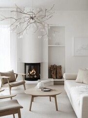 Modern Minimalist Living Room With Crystal Branch Chandelier