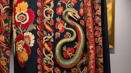 Fototapeta premium Intricate Snake Embroidery: A close-up shot showcasing a vibrant snake embroidery design on a rich blue fabric, featuring intricate details of scales, floral patterns, and a touch of gold. 