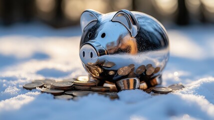 Reflective Silver Piggy Bank with Coins in Snowy Landscape