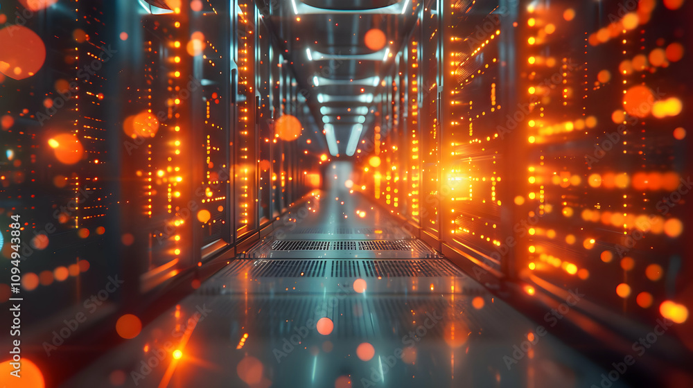 Poster 3d render of glowing server room corridor with data flow, abstract technology background, futuristic