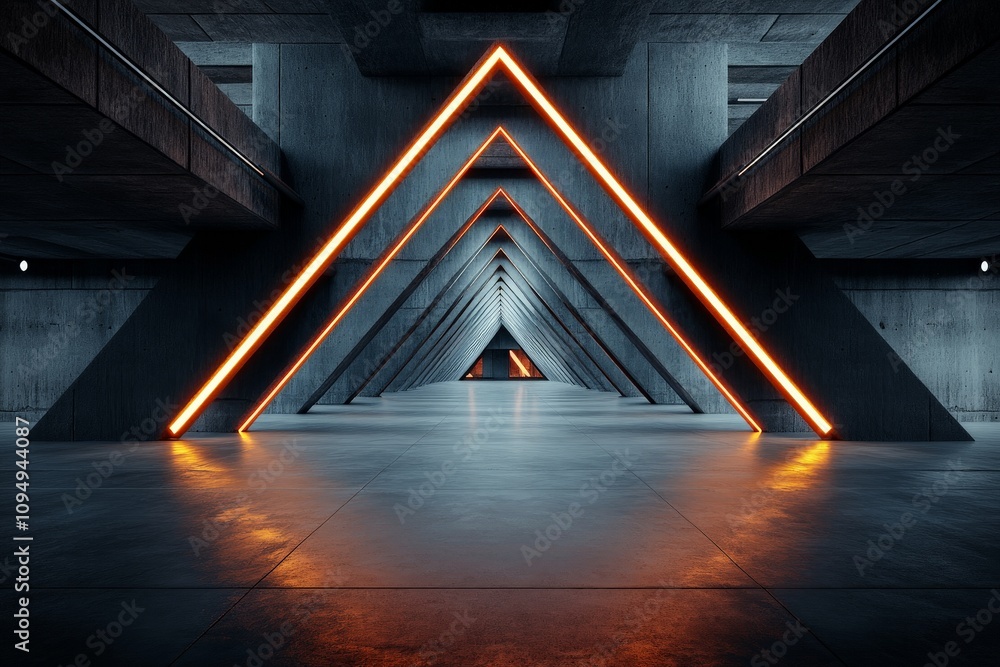 Poster a modern hallway features symmetrical, illuminated orange triangles creating a tunnel effect, invoki