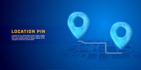 Digital location pin symbol with map overlay, futuristic illustration of GPS and directions suitable for presentation background, transportation, travel and navigation.