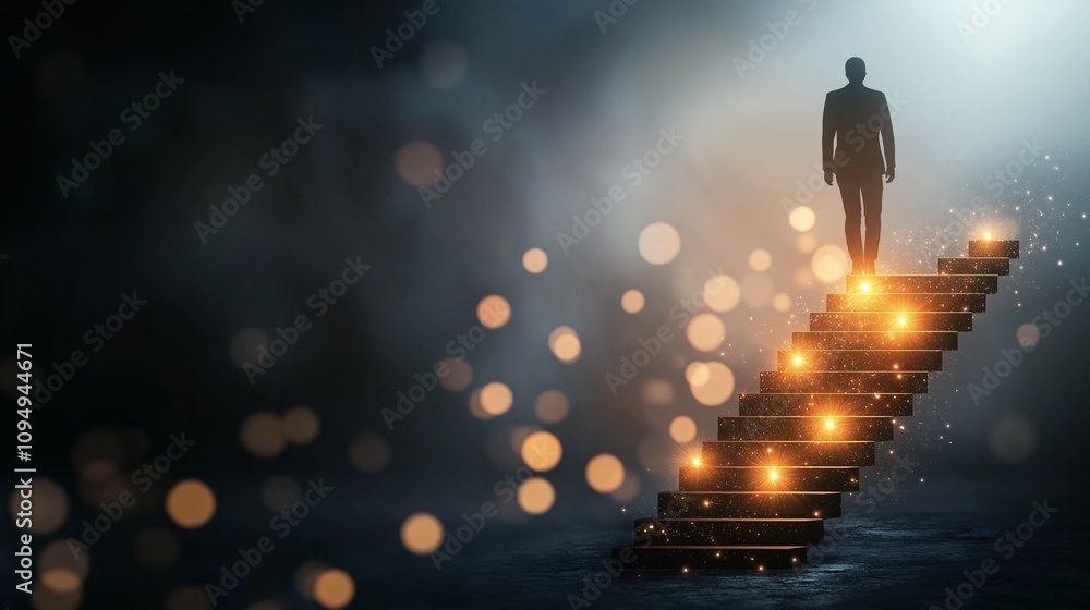 Poster professional silhouette of a person ascending illuminated stairs against a dynamic glowing backgroun