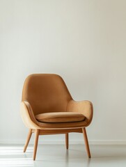Obraz premium A Tan Velvet Armchair Sits Against A White Wall