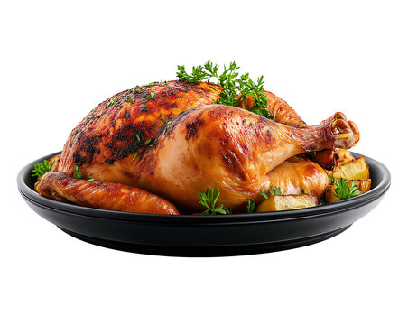 Succulent roasted chicken garnished with herbs on black plate