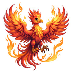 Majestic and vibrant phoenix rising from flames in an enchanting fantasy illustration, digital art of fantasy creature concept.