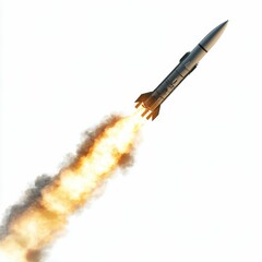 Missile launching, fiery trail, white background.