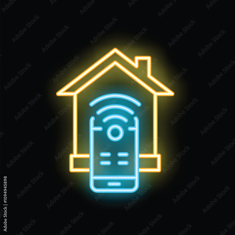 Poster glowing neon icon of a smartphone controlling a smart home system with a wifi symbol