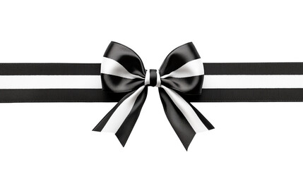 black and white striped satin ribbon bow with long straight silk strips isolated on transparent background, gift wrap decoration design