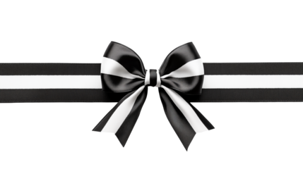 black and white striped satin ribbon bow with long straight silk strips isolated on transparent background, gift wrap decoration design