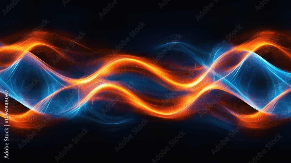 Poster abstract waves of blue and orange light create a dynamic visual effect.