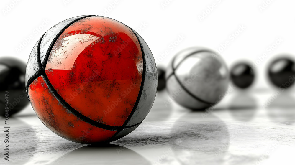 Poster a rusty red sphere in a row of metallic spheres on a reflective surface