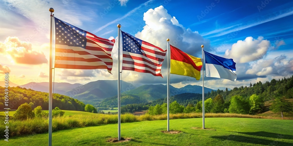 Poster creative display of three flag mockups on a scenic background for marketing purpose, showcasing diff