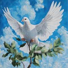 Obraz premium White Dove Flying In Blue Clouds As A Symbol Of Peace And Love, Generative AI