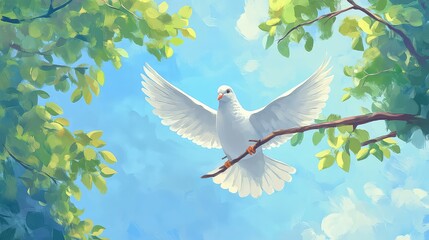 Obraz premium White Dove Flying In Blue Clouds As A Symbol Of Peace And Love, Generative AI