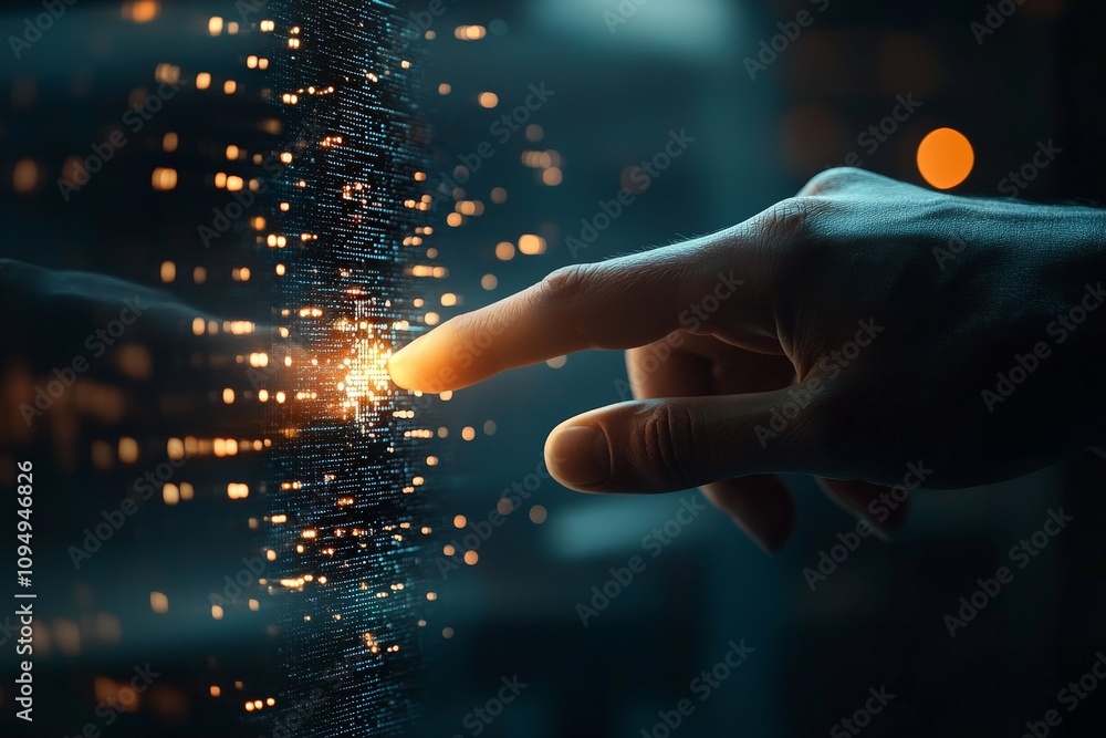 Poster a hand reaches out to touch glowing digital data points, capturing the interaction between humans an