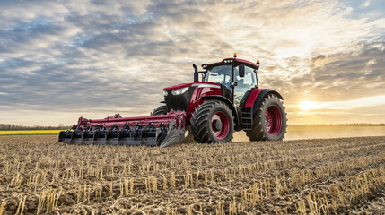 Fototapeta premium Red Tractor Plowing Field at Sunrise with Dramatic Sky and Sunlight in Countryside Landscape