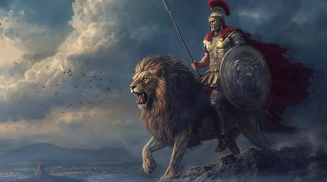 the gallantry of a septuagenarian riding a lion at night with clouds in the background. Virtual 4K video animation background with looping time lapse with very smooth graphics.