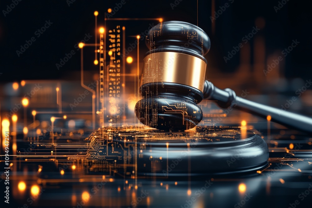 Poster a gavel symbolizing law, surrounded by a dynamic circuit-like design, representing the intersection 