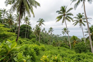 Obraz premium Leafy Greenery Seamless Background with Coconut Trees, tropical landscape, floral patterns, watercolor artwork, palm tree forest