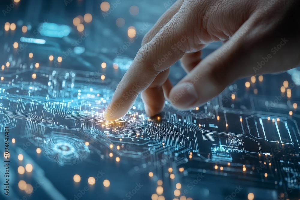 Poster a finger interacts with an illuminated digital interface, highlighting touch-based technology and se