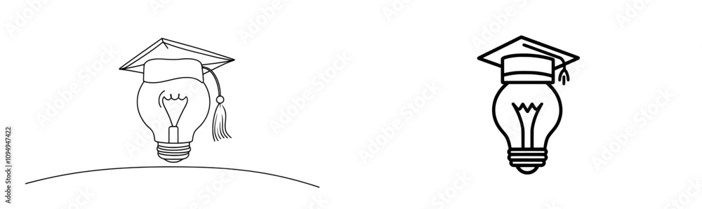 Poster a bulb with a graduated cap in a single continuous line. a line art concept for a graduated banner. 