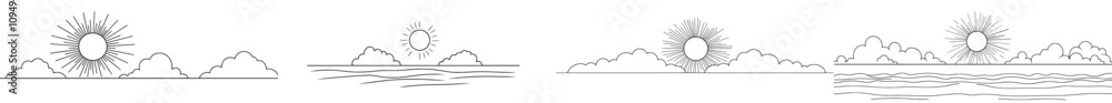 Poster continuous single-line drawing of the sun and a cloud. contour symbol of the sun. one-line sketch re