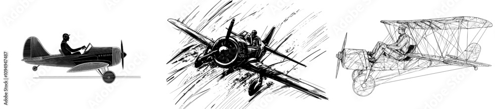 Poster the design features a continuous single-line drawing of vintage airplanes. it depicts a retro motor 