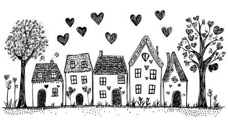Fototapeta premium A single-line drawing featuring houses, trees, a heart, and blank space for text, ideal for backgrounds, covers, banners, flyers, and social media posts.