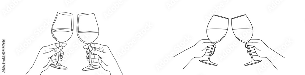 Poster a single continuous line drawing of two glasses of red wine, symbolizing celebration and cheering in