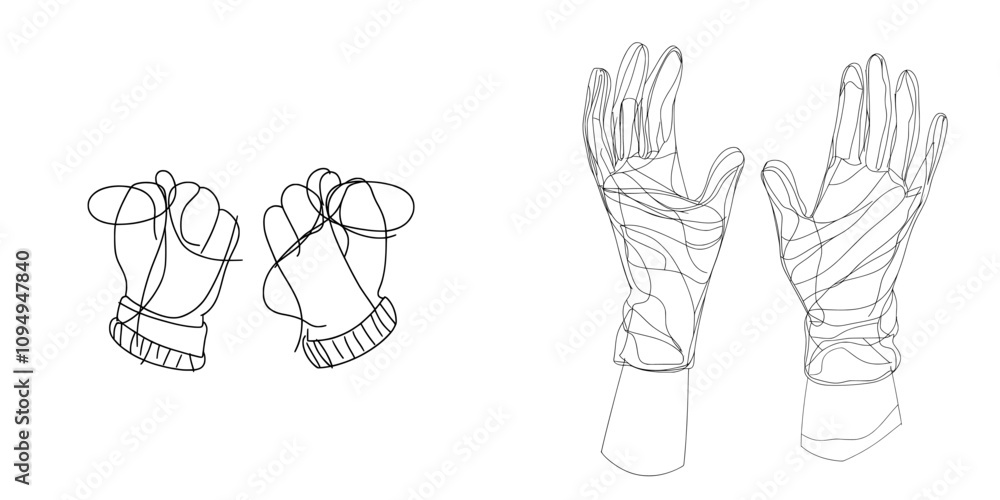 Poster a one-line continuous drawing of mittens. charming hand-drawn winter mittens on a rope with a patter