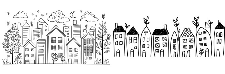 A modern graphic illustration of a luxury apartment house in the city, depicted with a continuous one-line drawing that emphasizes minimalist home architecture and property construction.