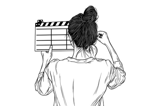 recommend clip art: A single continuous line drawing of a woman holding an old-fashioned movie clapper board, representing a vintage film scene concept in a modern, minimalist illustration.