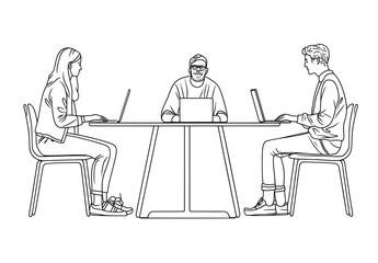 A modern, minimalist illustration of a business meeting, rendered in a single continuous line, showing a client and a marketing agency in discussion.