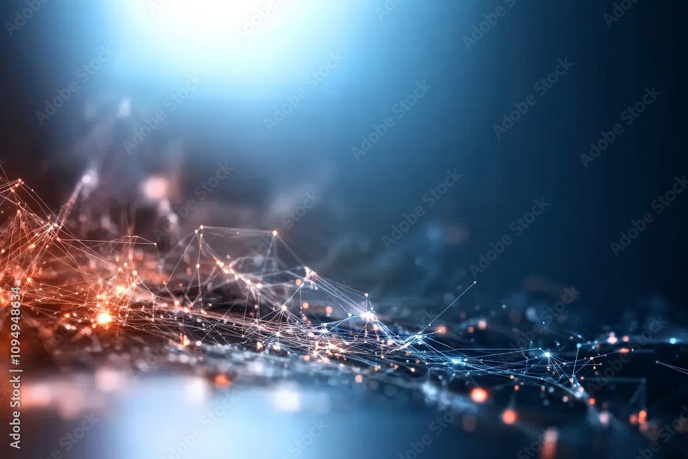 Poster an abstract representation of a network with glowing nodes and lines imposed on a gradient backgroun
